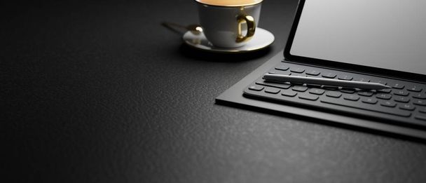 Сучасний стильний темний робочий простір з портативним планшетом з бездротовою клавіатурою та чашкою кави на шкіряному чорному столі. Обрізано зображення. 3D візуалізація, 3d ілюстрація
 - Фото, зображення