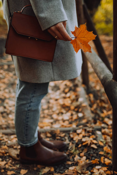A girl is holding a maple leaf in her hand outside in the fall season - 写真・画像