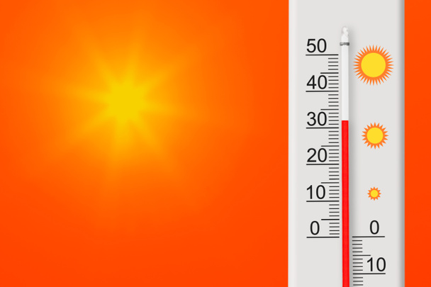 Celsius termometresi artı 32 derece gösteriyor. Kızıl gökyüzünde sarı güneş. Yaz sıcağı - Fotoğraf, Görsel