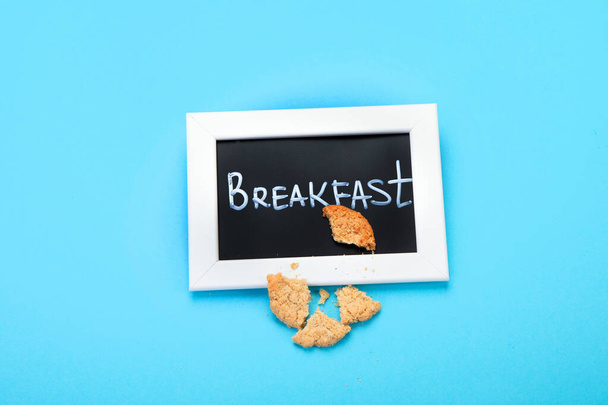 Healthy breakfast on colourfull background. Flatlay with tasty food. Brunch menu. Top view, copy space - Zdjęcie, obraz