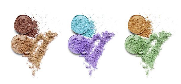 Set of beautiful shiny eyeshadows on white background, top view - Foto, afbeelding
