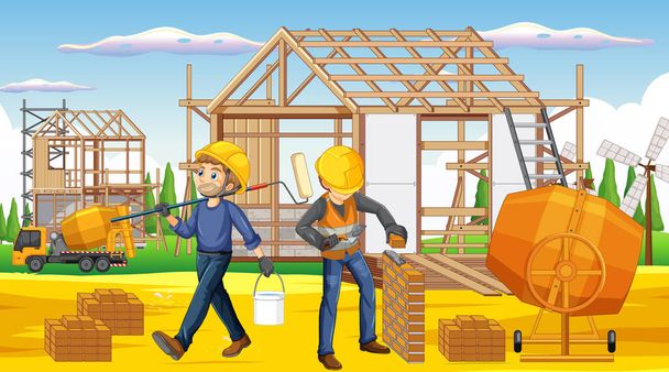 Ház építési telek munkások rajzfilm illusztráció - Vektor, kép