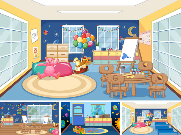 Set of different kindergarten classroom scenes illustration - Vector, imagen