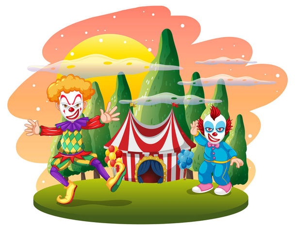 Isolated outdoor scene with clown cartoon characters illustration - Vector, Image