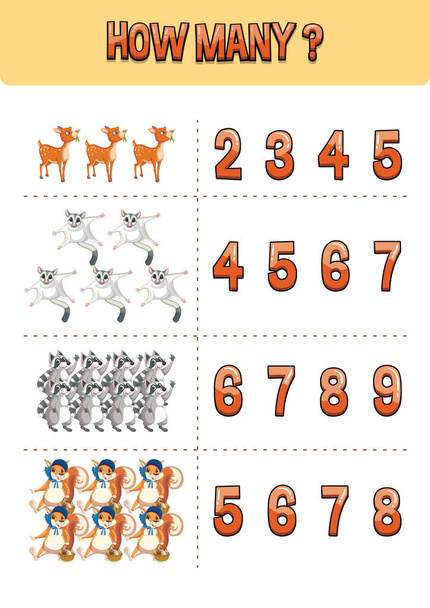 Werkbladontwerp voor het tellen van de dieren illustratie - Vector, afbeelding