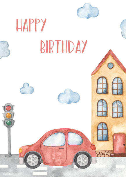 Car, house, road, traffic light, happy birthday, boy Watercolor card City transport - Photo, Image