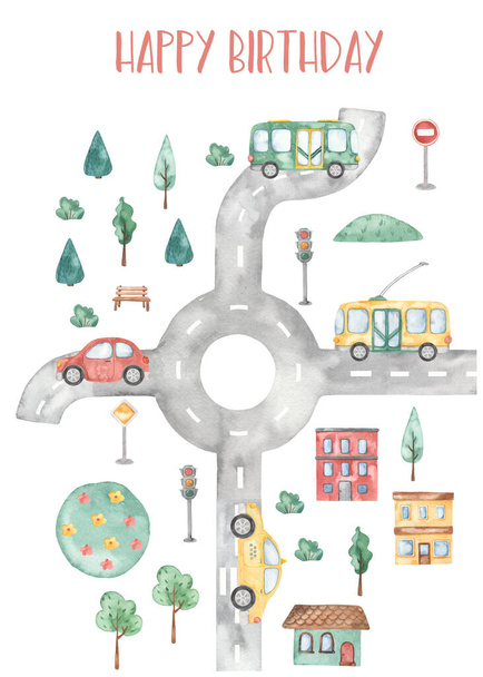 Voiture, maison, route, feu de circulation, arbres, panneaux de signalisation, garçon joyeux anniversaire Carte aquarelle Transport urbain - Photo, image