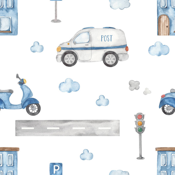 Почтовый автомобиль, скутер, мотоцикл, здание, дорожный знак, светофор, для детей, мальчиков акварель бесшовный узор - Фото, изображение