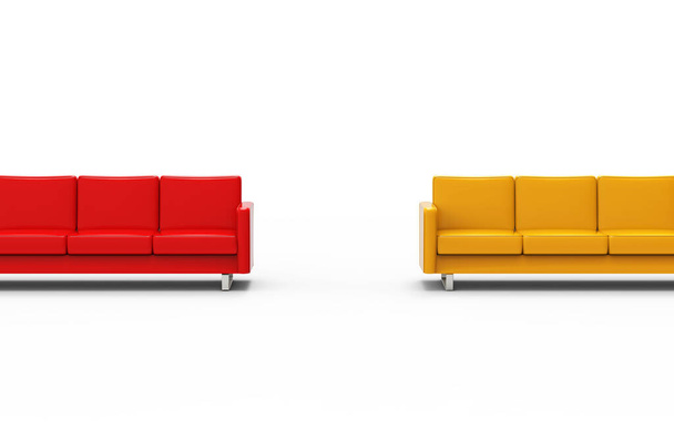 Extrem langes rotes und gelbes Sofa isoliert auf weißem Hintergrund. 3D-Darstellung - Foto, Bild