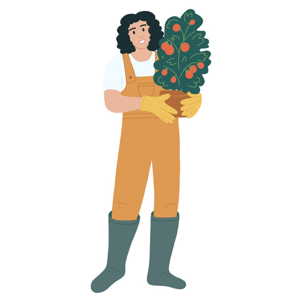 Mädchen in Arbeitskleidung halten Topf mit frischem Gemüse. Junge Bäuerin genießt Gärtnern im flachen, handgezeichneten Stil isoliert auf weißem Hintergrund - Vektor, Bild