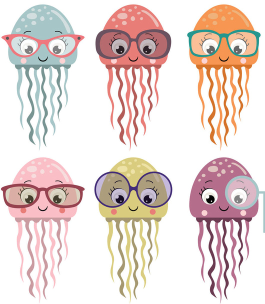 Set of colorful baby squids with glasses - Vector, Imagen