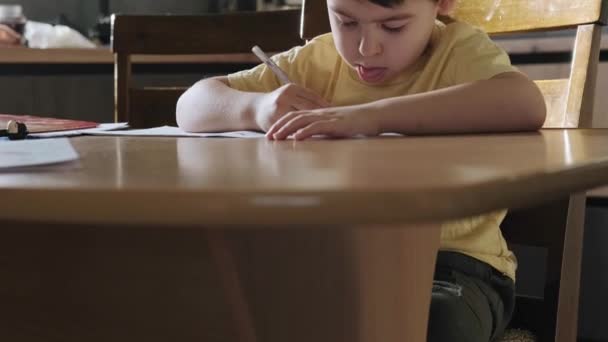 Close up image of focused schoolboy hands holding pencil writing and doing home work on class book. Hand drawing. Writing education concept. Child development. - Materiaali, video