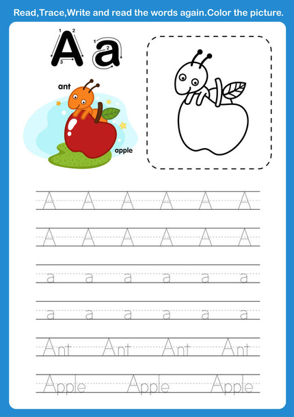 Letra del alfabeto A con vocabulario de dibujos animados para colorear libro ilustración, vector - Vector, imagen