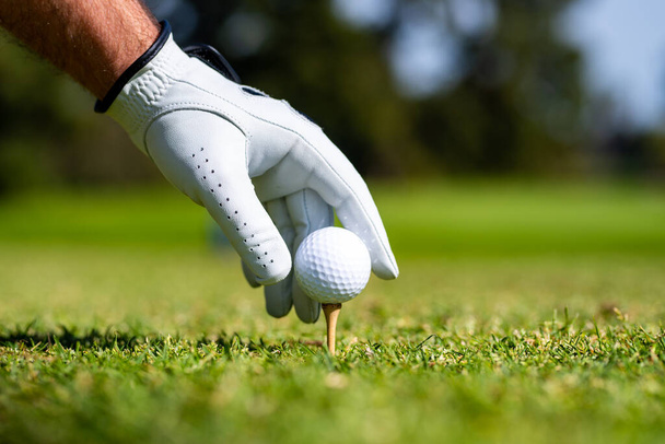 Golfer hitting golf shot with club on course. Hand with golf glove. - 写真・画像