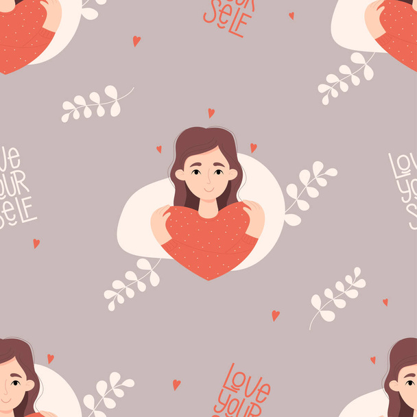 Seamless pattern with cute girl hair hugging herself light purple background with hearts and leaves. Vector illustration. Love yourself and find time for yourself and care for decor, wallpaper - Вектор,изображение