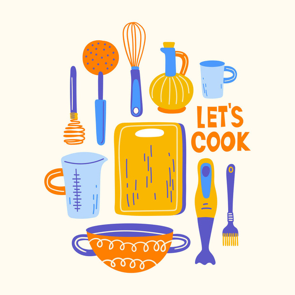 Set with kitchen utensil and appliance. Scandinavian illustration of kitchen elements in flat style. Funny cartoon texture with hand drawn food preparation and kitchenware. Vector doodle clipart. - Vettoriali, immagini