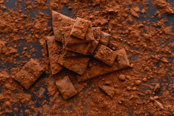 Вид зверху на сухий какао на шоколадних шматочках на чорному тлі
  - Фото, зображення