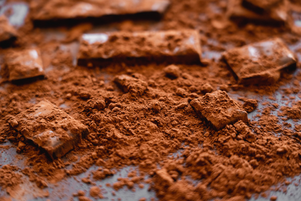 Vista de cerca del cacao seco natural y chocolate sobre fondo negro  - Foto, Imagen