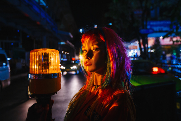 fashion portrait young girl at night Bangkok cyberpunk 2077 - Photo, Image