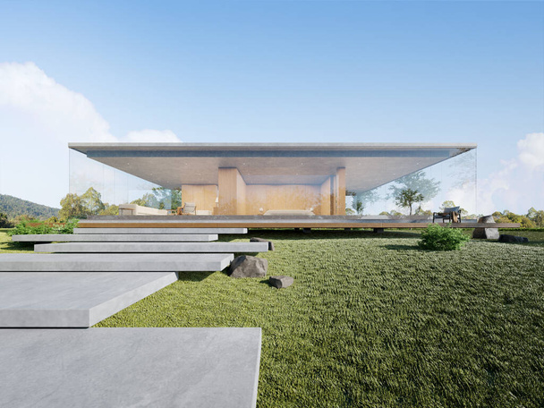 3D візуалізація сучасного бетонного будинку з великим скляним вікном
. - Фото, зображення