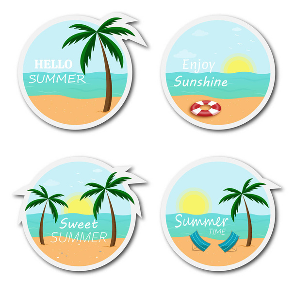 Summer holiday vacation stickers and labels with sun and palms - Vettoriali, immagini