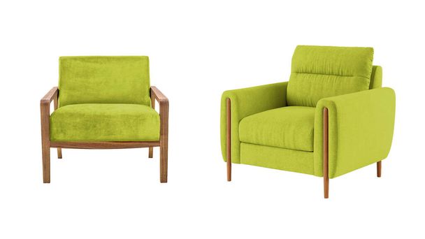 Two classic armchairs art deco style in light khaki velvet with wooden legs isolated on white background with clipping path. Series of furniture - Foto, Imagen