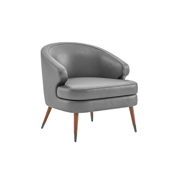 Gray silver luxury leather modern armchair with wooden legs isolated on white background with clipping path. Series of furniture - Zdjęcie, obraz