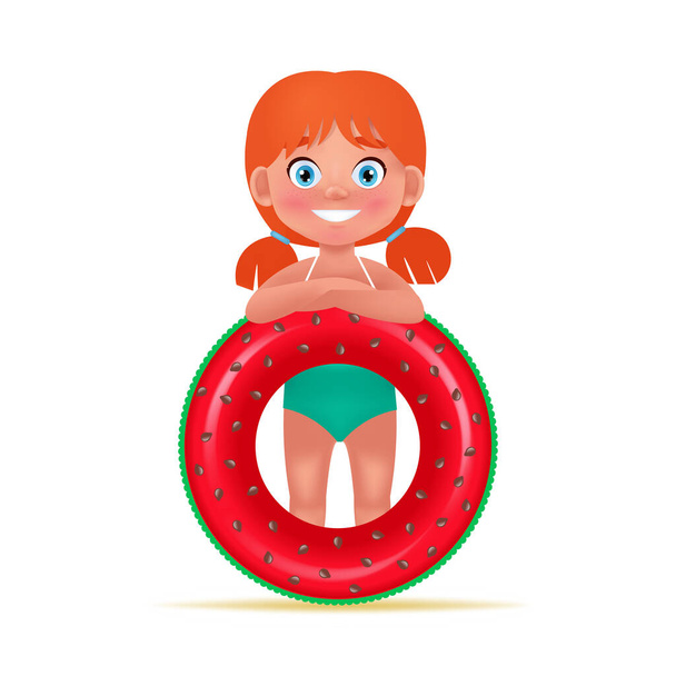 Linda niña en traje de baño con círculo inflable para nadar. Ilustración de vectores de dibujos animados en estilo 3D - Vector, imagen