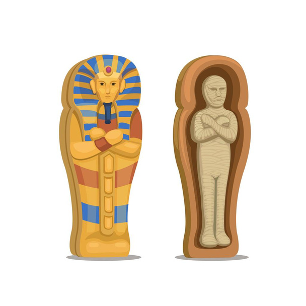 Muumio ruumis arkku hahmo asettaa Egyptin kulttuuri sarjakuva kuvitus vektori - Vektori, kuva