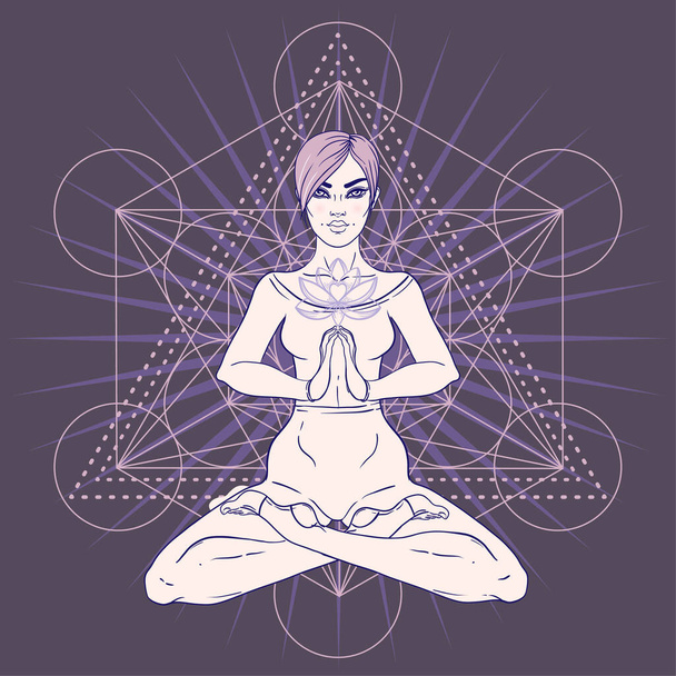 Beautiful Girl sitting in lotus position over sacred geometry symbol. Vector illustration. Psychedelic mushroom composition. Buddhism esoteric motifs. Tattoo, spiritual yoga. - Vector, Imagen