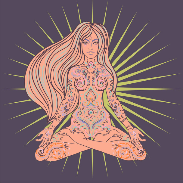 Beautiful Girl sitting in lotus position over sacred geometry symbol. Vector illustration. Psychedelic mushroom composition. Buddhism esoteric motifs. Tattoo, spiritual yoga. - Vektor, kép