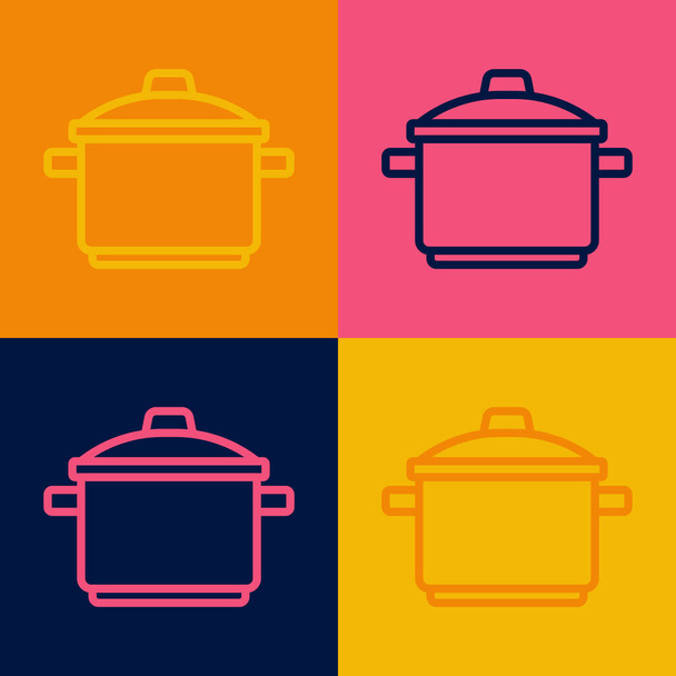 Pop-Art-Linie Kochtopf-Symbol isoliert auf farbigem Hintergrund. Kochen oder schmoren Lebensmittel Symbol. Vektor. - Vektor, Bild