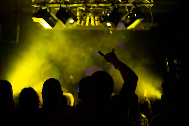 felemelt kezét őrült emberek egy rock koncert, elülső és hátsó háttér elmosódott bokeh hatás - Fotó, kép