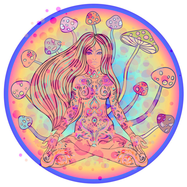 Meditating Girl sitting in lotus position over ornate colorful mandala background with mushrooms. Vector illustration. Psychedelic composition. Buddhism esoteric motifs. Tattoo, spiritual yoga. - Vektor, kép