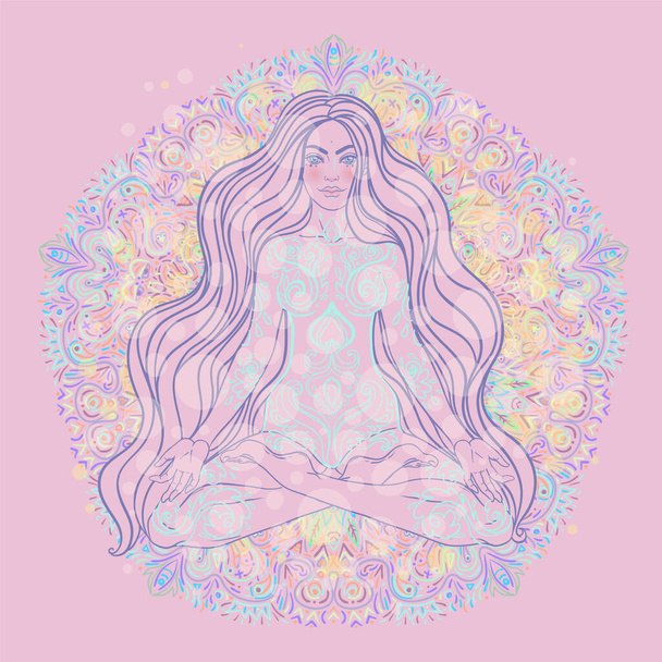 Beautiful Girl sitting in lotus position over ornate colorful mandala background. Vector illustration. Psychedelic mushroom composition. Buddhism esoteric motifs. Tattoo, spiritual yoga. - Διάνυσμα, εικόνα