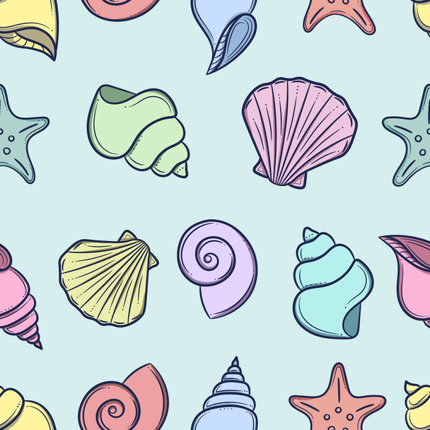 貝殻のあるカラフルなパターン、シームレスな繰り返しの背景 - ベクター画像