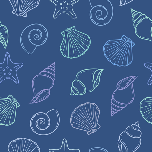 Blue seashell seamless vector pattern, repeating background - Vector, Image