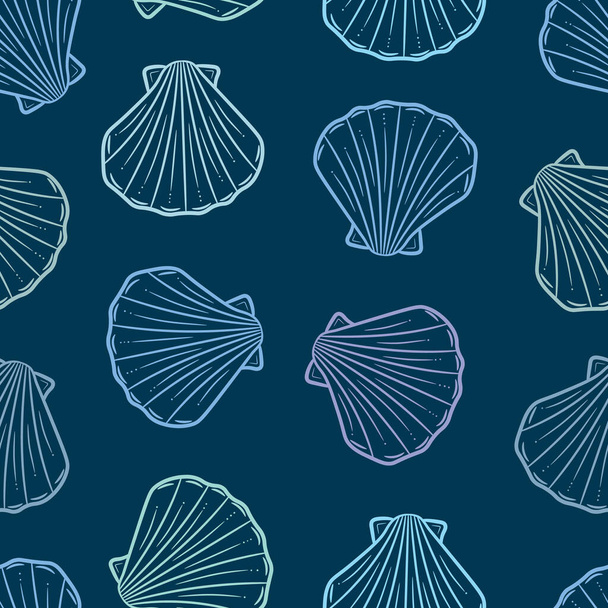 Blue seashell vector repeat pattern with hand drawn elements - Vektor, Bild