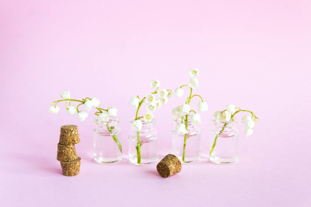 Flores de primavera sobre fondo blanco, lirio del valle. Lirios florecientes en pequeños jarrones de vidrio - Foto, imagen