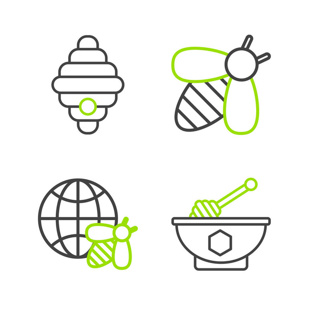 Set line Honey dipper stick and bowl, Honeycomb map of the world bee, Bee and Hive for bees icon. Vector - Vektor, obrázek