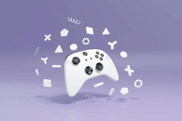 White joystick gamepad, game console controller, videogame computer or arcade gaming joystick on purple background with geometric shapes 3D rendering illustration  - 写真・画像