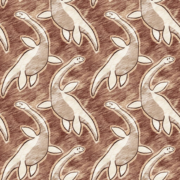 Brown hand drawn plesiosaur dinosaur seamless pattern. Gender Neutral Jurassic fossil silhouette for baby nursery. Gender neutral home decor for museum, extinction and textile design.  - Zdjęcie, obraz