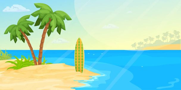 Пляж с морем, песком, пальмами и доской для серфинга в карикатурном стиле. Горизонтальное знамя, летние каникулы экзотическое побережье. Спокойная, расслабляющая сцена. - Вектор,изображение