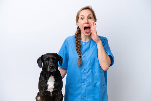 Giovane donna veterinario con cane isolato su sfondo bianco gridando con la bocca spalancata - Foto, immagini