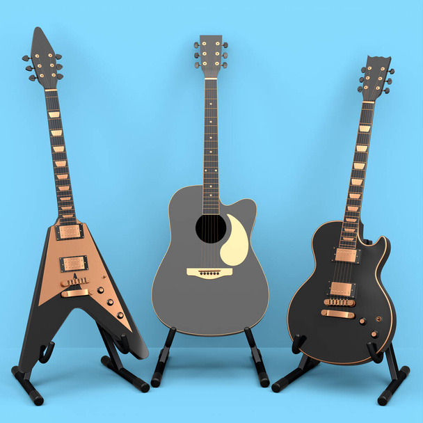 Set of electric acoustic guitar isolated on blue background. 3d render of concept for rock festival poster with heavy metal guitar for music shop - Фото, зображення