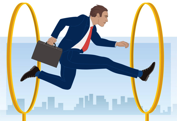 businessman jumping through hoops with sky and buildings in background - Vector, imagen