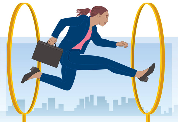 businesswoman jumping through hoops with sky and buildings in background - Vecteur, image