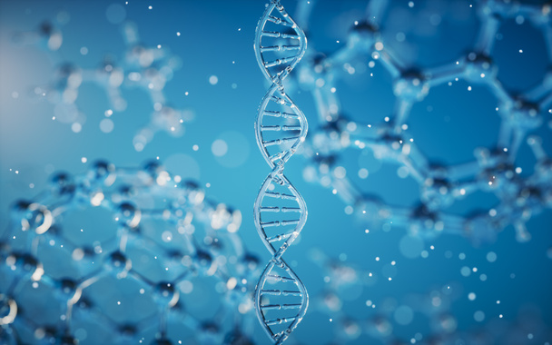 Структура геномів ДНК з молекулярним фоном, 3d рендерингом. Комп'ютерне цифрове креслення
. - Фото, зображення