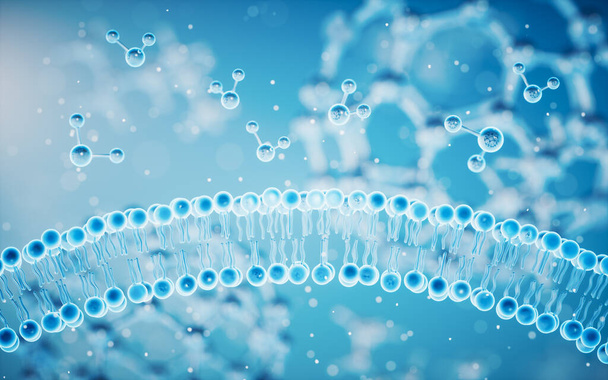Клеточная мембрана с синим фоном, 3d рендеринг. Цифровой рисунок. - Фото, изображение