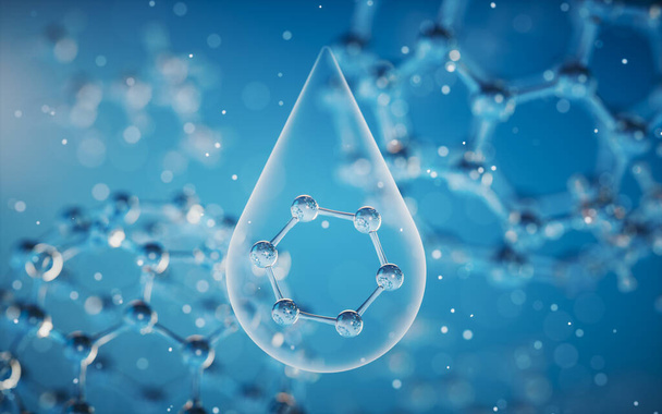 Molécule chimique avec fond bleu, rendu 3d. Dessin numérique informatique. - Photo, image